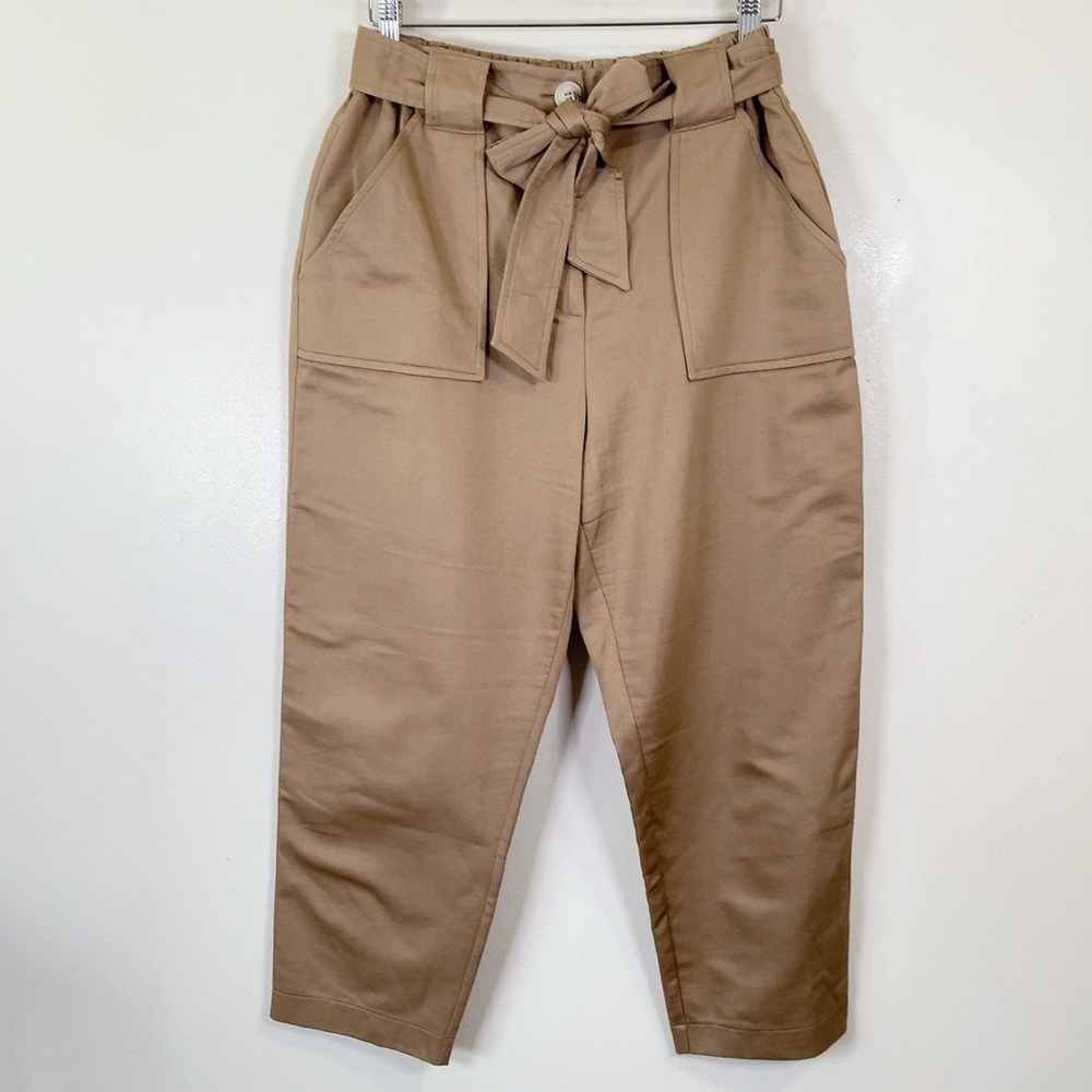 I by Iris Setlakwe Tan Paper Bag Waist  Cotton Stretch Taper Leg Trouser